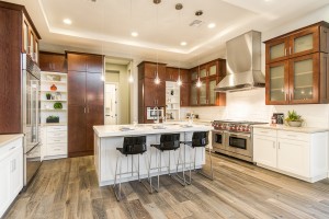 modern kitchen design with rustic flooring