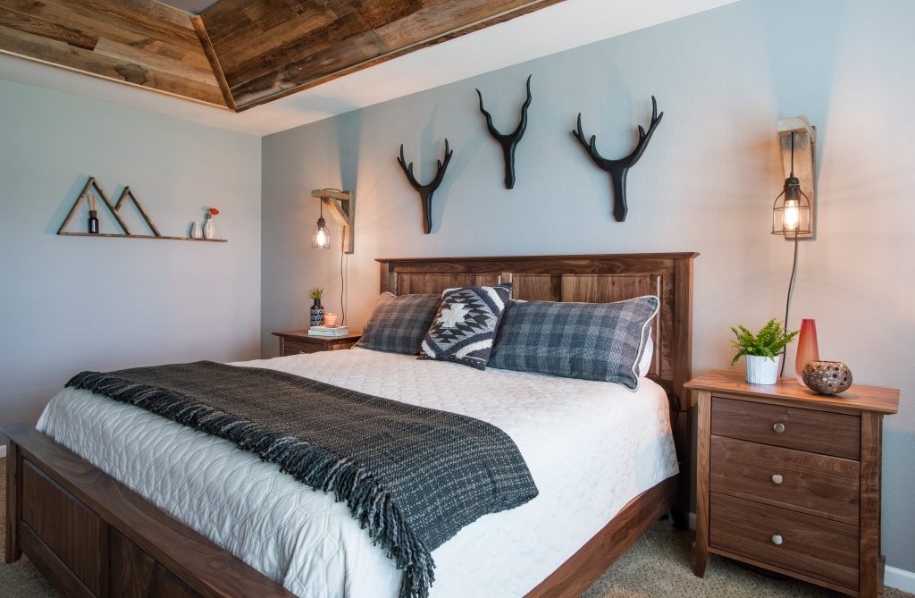 beige bedroom with brown furniture