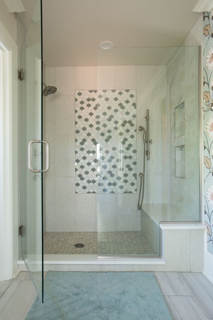 Shower design with Marble and Sea glass tile