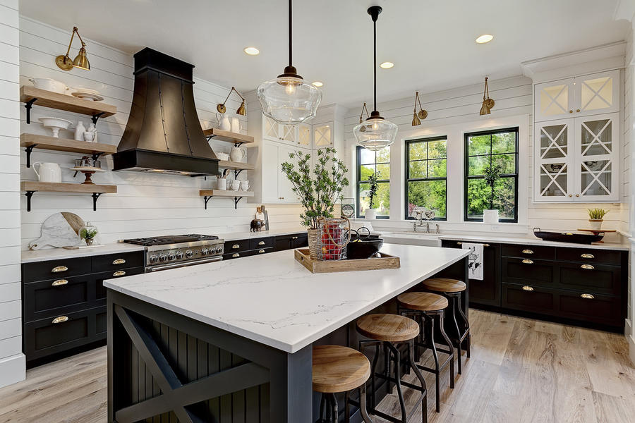 Well Lit Black Kitchen With Island