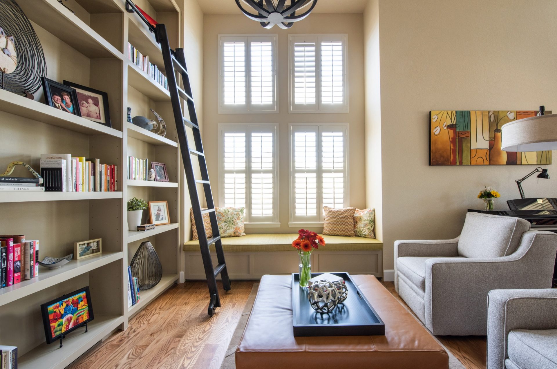 Living room with rolling ladder design
