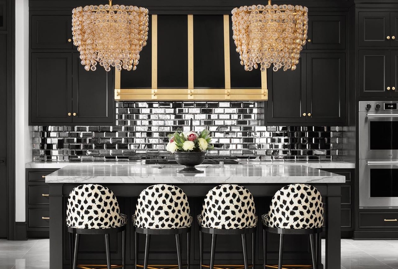 Black Kitchen With Chandeliers