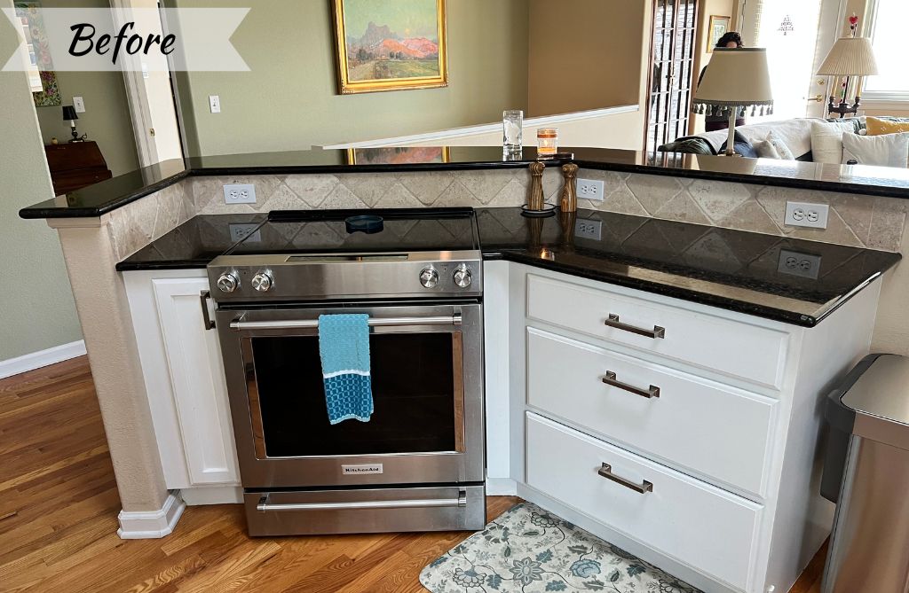 Westminster, golf-community, kitchen before renovation, awkward raised-bar, island with no range ventilation, kitchen remodel 