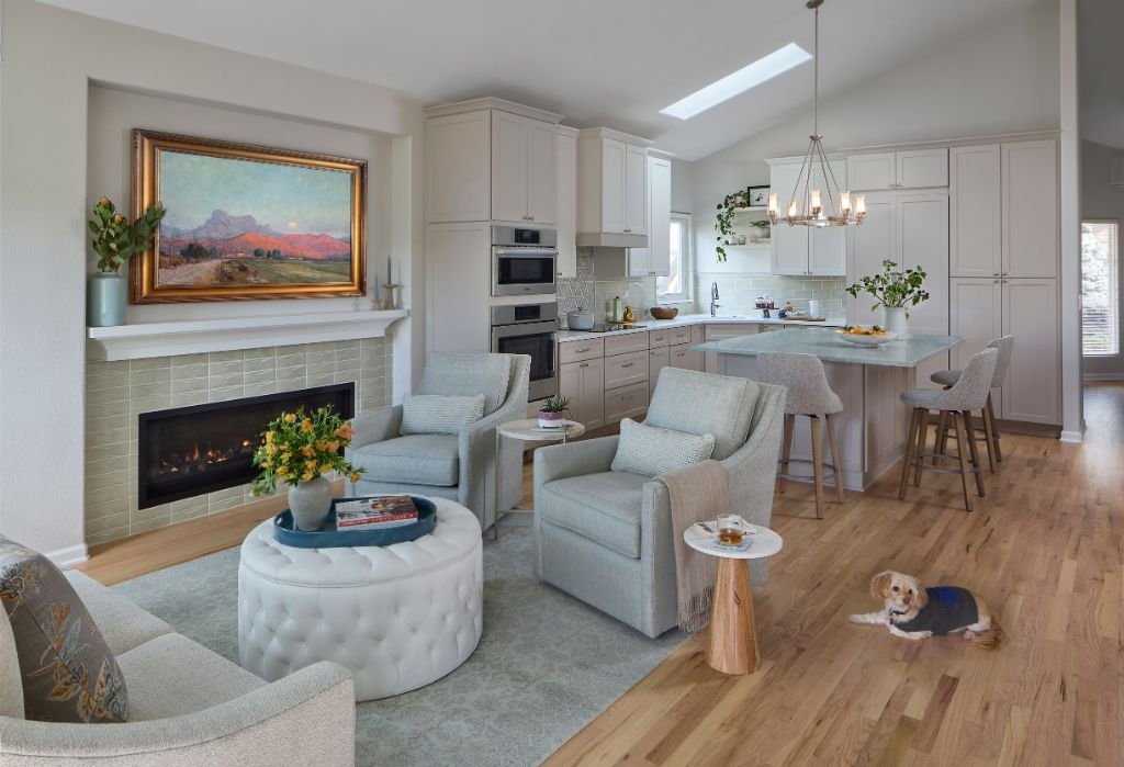 Westminster, golf-community, full service design, transformation, before and after, luxury living, timeless design, living remodel, swivel chairs, MT Company, new fireplace, custom furniture